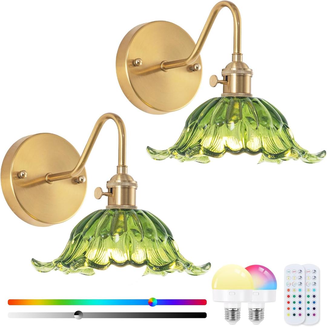 Vintage Battery Operated Wall Sconce Set of 2, Wireless Wall sconces with Magnetic RGB Bulbs, Rechargeable Wall Light with Flower Green Lampshade for Bedroom Living Room Hallway Wall Decor, Green Lily