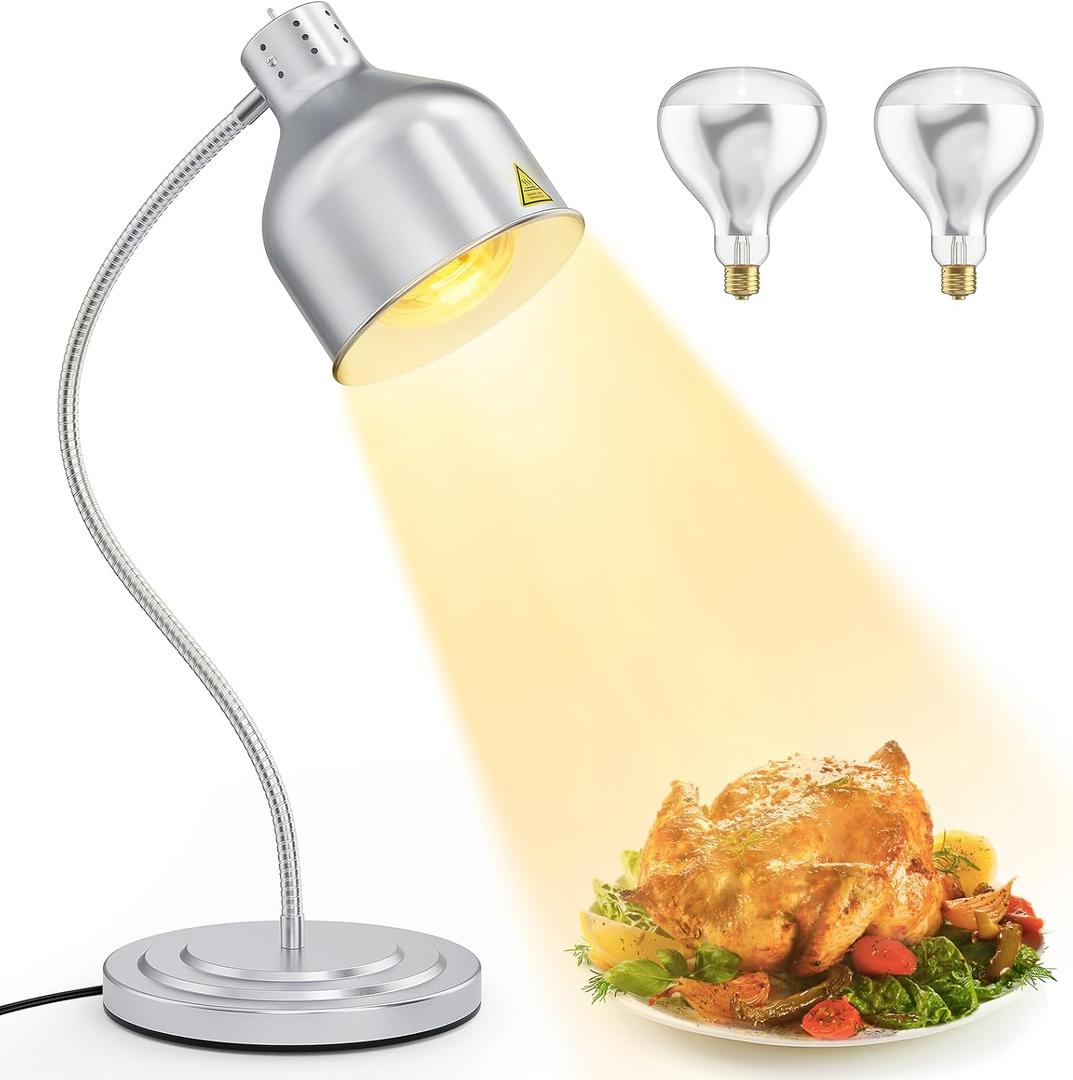 Food Heat Lamp, Single Head 250W Stainless Steel Commercial Food Warmer Lamp with 2 Bulbs, 360° Adjustable Portable Electric Warming Light for Restaurant Kitchen Buffet Counter Party Catering
