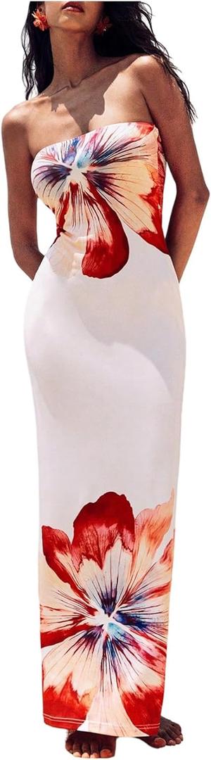 Milumia Women's Floral Print Tube Maxi Dress Strapless Knit Bodycon Long Dresses (Small, Red and White)