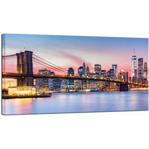 LevvArts - Brooklyn Bridge Wall Art New York City Night View Pictures Print Modern Manhattan Skyline Photo Cityscape Canvas for Living Room Office Decoration 24"x48"
