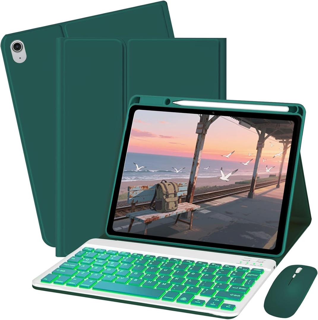 Keyboard Case for iPad 10th / A16 11th Generation 2022/2025-7 Colors Backlit Keyboard Cover and Mouse (Dark Green)