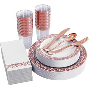 FOCUSLINE 175 Ct Rose Gold Dinnerware Set for 25 Guests, Plastic Plates with Rose Gold Lace Rim Design, Including 25 Disposable Dinner & Dessert Plates, Cups, Napkins, Cutlery Set FOCUSLINE 175 Ct Rose Gold Dinnerware Set for 25 Guests, Plastic Plates with Rose Gold Lace Rim Design, Including 25 Disposable Dinner & Dessert Plates, Cups, Napkins, Cutlery Set