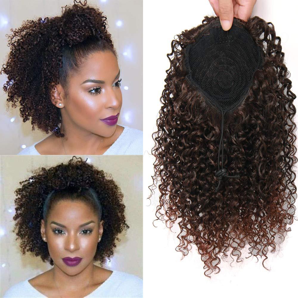 ROSESSEA Short Afro Kinky Curly Ponytail Hair Piece for African American Ponytail Extension Synthetic Afro Kinky Curly Ponytail for Women (Mix Dark Brown(1B/33#))