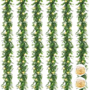 Artflower 6 Pack Artificial Eucalyptus Garland with Lights, 5.9Ft/pcs Faux Eucalyptus Vines Greenery Garland Fake Plant for Wedding Backdrop Arch Wall Decor, Grey Green