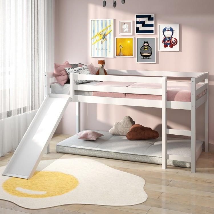 Twin Size Low Sturdy Loft Bed with Slide Wood
