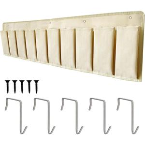 RV Shoe Pockets 10 Pockets Heavy Hanging Bedside Storage Organizer with Sturdy Hooks Storage Pockets Hangs on bed for Shoes Toys and Tool Accessories (Medium, Beige)