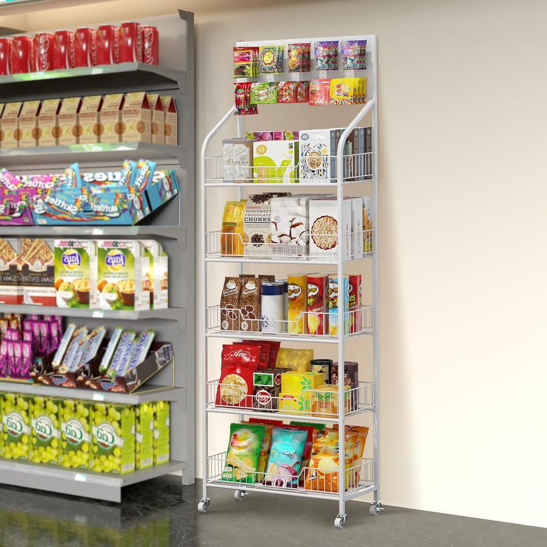 Nisorpa 5 Tier Supermarket Retail Display Racks, Commercial Metal Candy Snack Display Racks Shelf with Wheels Snack Rack Display Stand for Convenience Stores Home Kitchen, 23.6x66.9x10.6 in, White