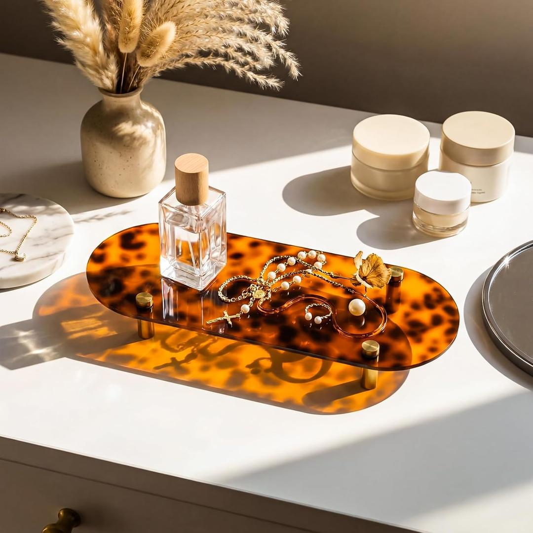 Tortoiseshell Vanity Tray Decorative Acrylic Vanity Tray with Gold Metal Legs 11x4.3x1.4 Inches Tortoise Bathroom Accessories Vintage Organizer for Counter Decor