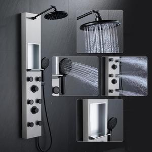 POPFLY Shower Panels System with 8-inch Rainfall Shower and Shelf, Shower Tower with Adjustable Head, 6 Body Jets and 5-Setting Handheld Shower, Brushed Nickel, Stainless Steel