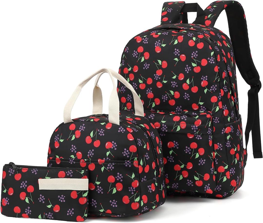 Cherry School Backpack for Girls, 3Pcs Waterproof Lightweight Kids Student Backpacks with Lunch Bag and Pencil Case, 12.5"x5.9"x16.5"