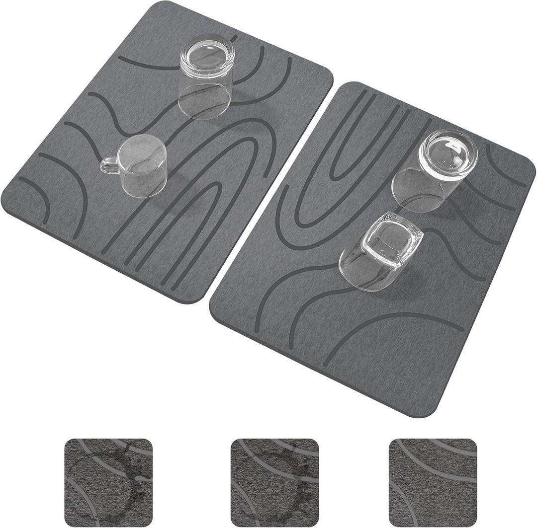 Stone Drying Mat for Kitchen Counter,2 Pack 16''x12'' Quick Dish Drying Stone Mat Kitchen,Double-sided Diatomaceous Earth Stone Drying Mat,No Moisture Residue, Stone Dish Drying Mat (Curved Stripes) (Dark Gray)
