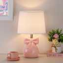 Pink Bow Table Lamp for Girl's Room, 19" Ceramic Cute Lamp for Bedroom, Classic Bedside Lamp for Nightstand, Modern Table Lamp for Living Room with Rotary Swtich (Bulb Included)