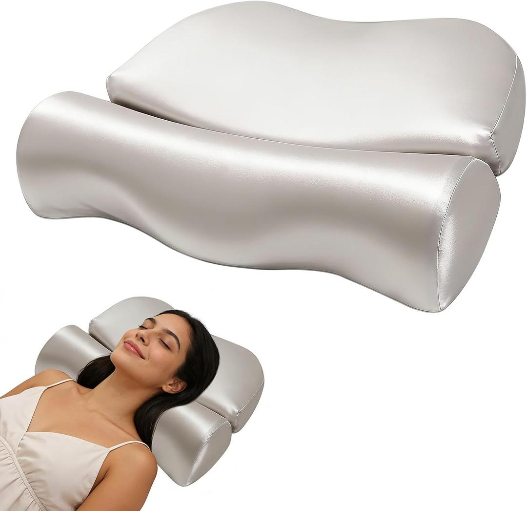 vocheer Cervical Neck Pillow for Breathing Smoothly, Cooling Memory Foam Pillows for Neck and Shoulder Pain, Silky Satin Orthopedic Pillow for Back and Side Sleepers