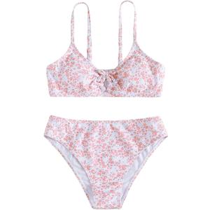 OYOANGLE Girl's 2 Piece Ditsy Floral Bikini Swimsuit Ring Linked Ruched Bathing Suit (Light Pink) 10-11Y