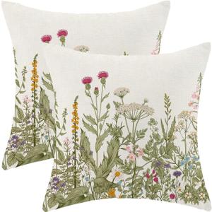 AEIOAE Sage Green Pillow Covers 18x18 Inch Set of 2, Spring Wildflower Plant Throw Pillows Case,Seasonal Floral Outdoor Decorative Flowers Farmhouse Decor Cushion Covers for Home Sofa Bed Couch