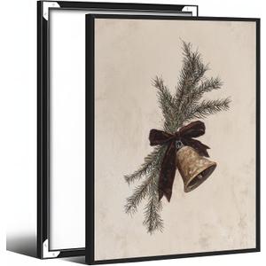 Vintage Christmas Bells Poster with Pine Bow Ribbon Neutral Wall Art Rustic Holiday Winter Xmas Farmhouse Canvas Prints Painting Wall Decor for Bedroom Kitchen Entryway 8x12inch Black Aluminum Framed