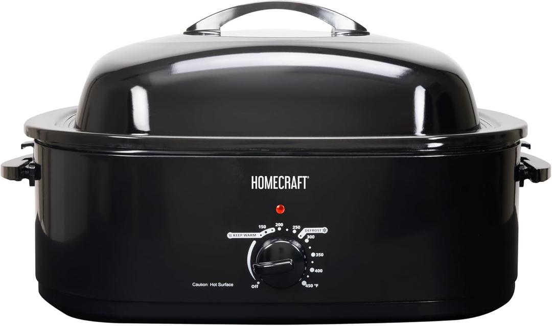 HomeCraft Electric Roaster Oven, 18-Quart Capacity for Turkey, Chicken, Meat, Vegetables, Full-Range Temperature Control, Lift-Out Rack, and Removable Enamel Pot Included, Black