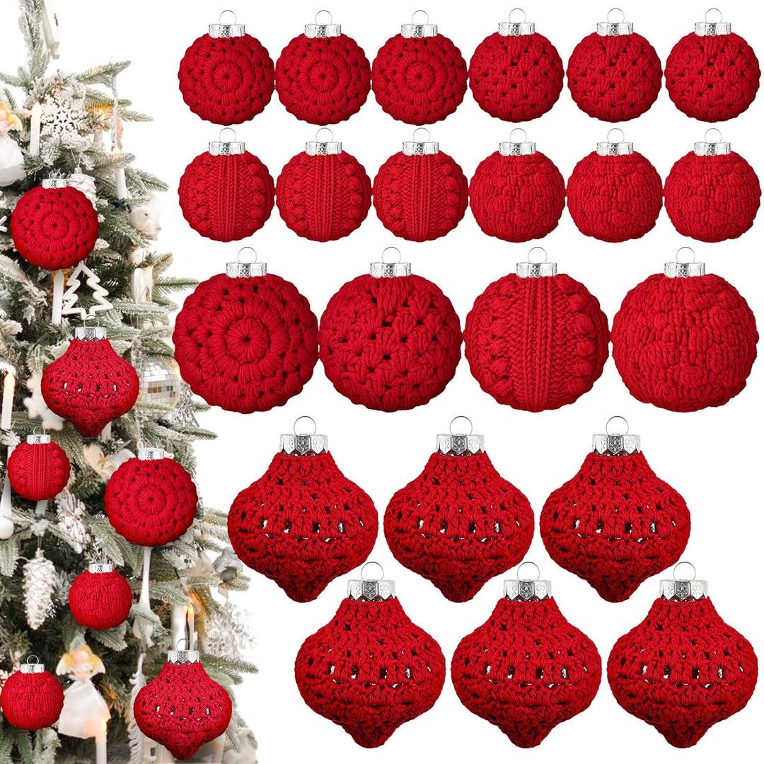 Syhood 24 Pcs Crochet Christmas Ornaments 5 Styles 2.36" 3.15" Handmade Crochet Knitted Christmas Pinecone Ball Ornaments for Xmas Tree Party Decoration Supplies(Red)
