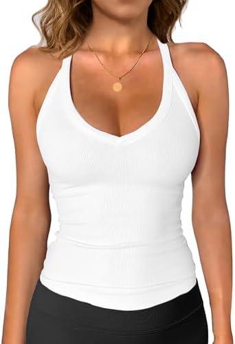 iGENJUN Womens Spaghetti Strap V-Neck Ribbed Tank Tops for Women 2025 Slim Fitted Soft Camisole Basic Layering Shirts Size M