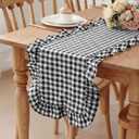HunnmingRe 1 Pcs White and Black Plaid Gingham Ruffle Table Runner 72 x 13.8'' Farmhouse Buffalo Table Runner 100% Cotton Scalloped Long Dresser Scarves for Dining Room, Kitchen Rustic Home Decor
