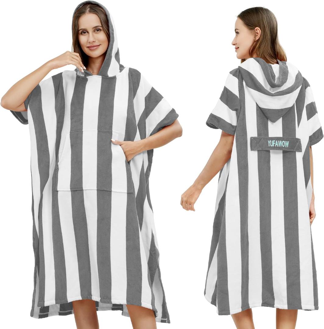 Men Women Hooded Towel Changing Wearable Cloth Swimsuit Bikini Coverup Dry Robe Bathing Swim Parka Jacket Suit Dress Wrap Plus Size for Beach Hiking Pee Surf Board Pool Shower (Grey Stripe)