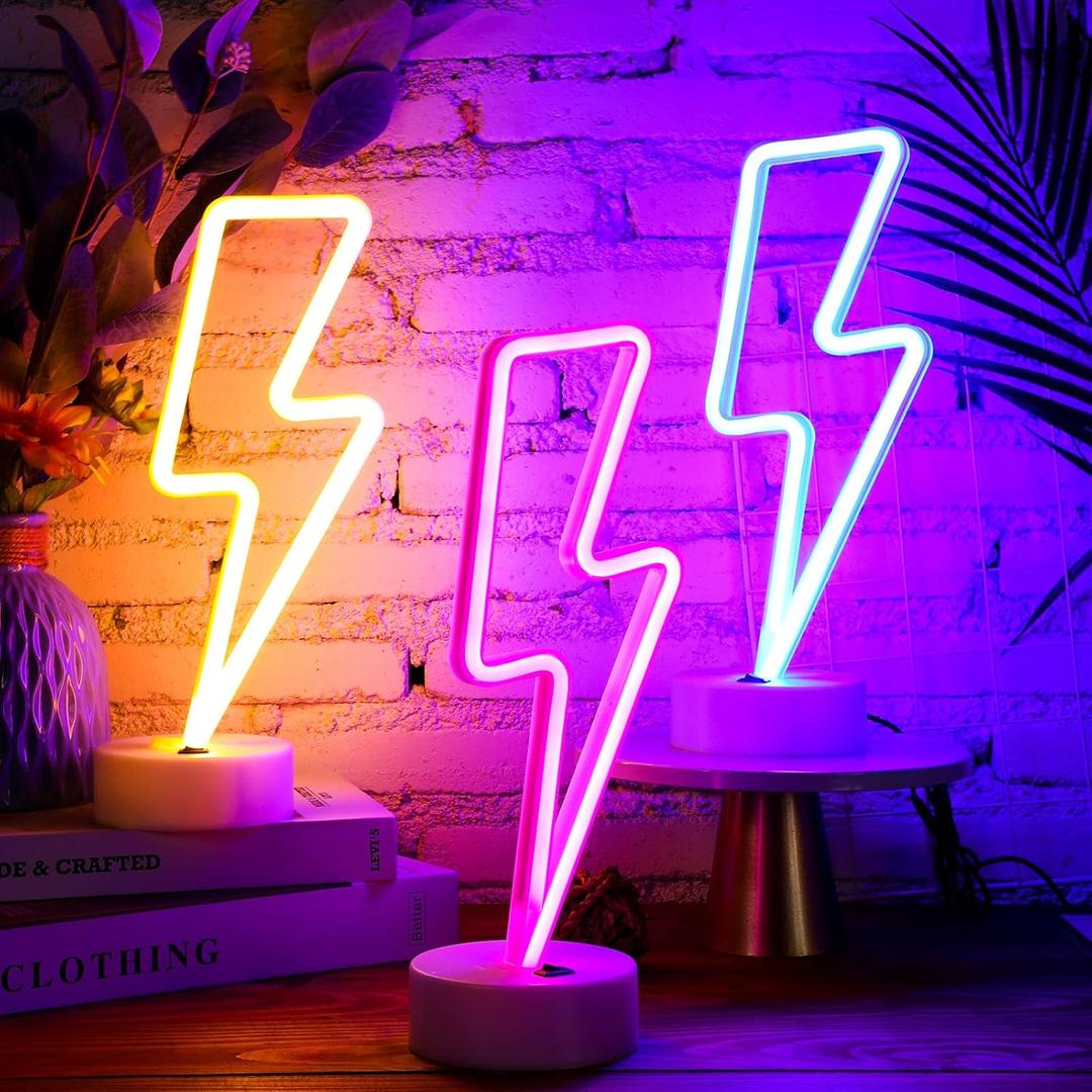 Sieral 3 Pcs Lightning Neon Signs Cute Neon Lights Room Lights with Base Neon LED Lightning Sign USB or Battery Operated Teen Girls Gift for Birthday Wedding Party Decor (Warm White, Blue, Pink) 