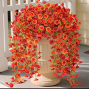Pack Of 3 Hrobek Artificial Fall Hanging Flowers for Decoration, 2pcs Long Vine Fake Flowers Plants Morning Glory, Realistic Faux Petunias for Planter Patio Porch Garden Autumn Outdoors Dec, Orange Red