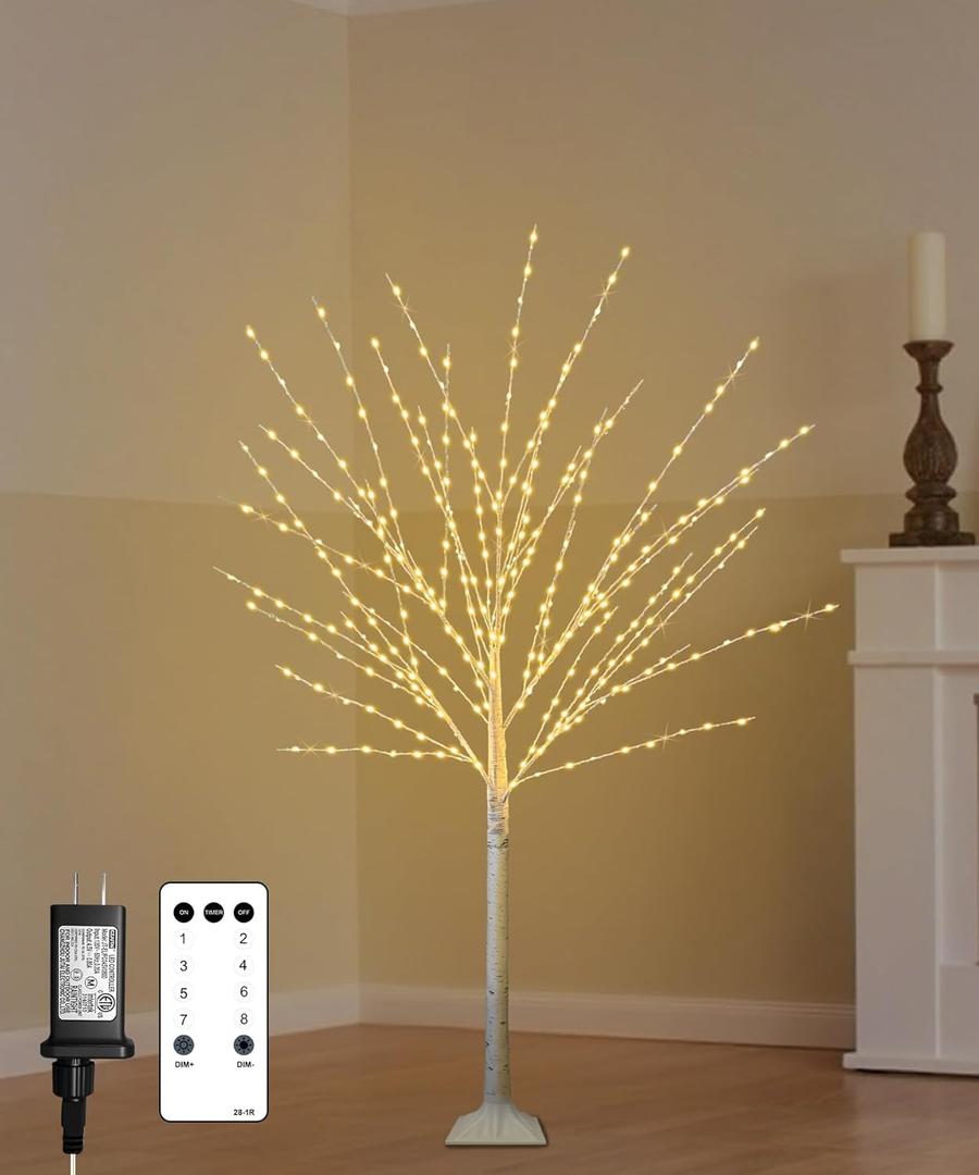 4FT Lighted Birch Tree with 400 LED Warm White Lights, 8 Twinkle Modes, Timer, Dimmable Artificial Light Up Twig Christmas Tree for Indoor Outdoor Xmas Holiday Party Decor