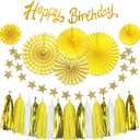 Yellow Birthday Decorations for Women - 33Pcs Yellow Party Decor for Girl with Birthday Banner & Hanging Paper Fans - Ideal for Baby Shower Honeybee Sunflower Theme Birthday Party Decoration Supplies