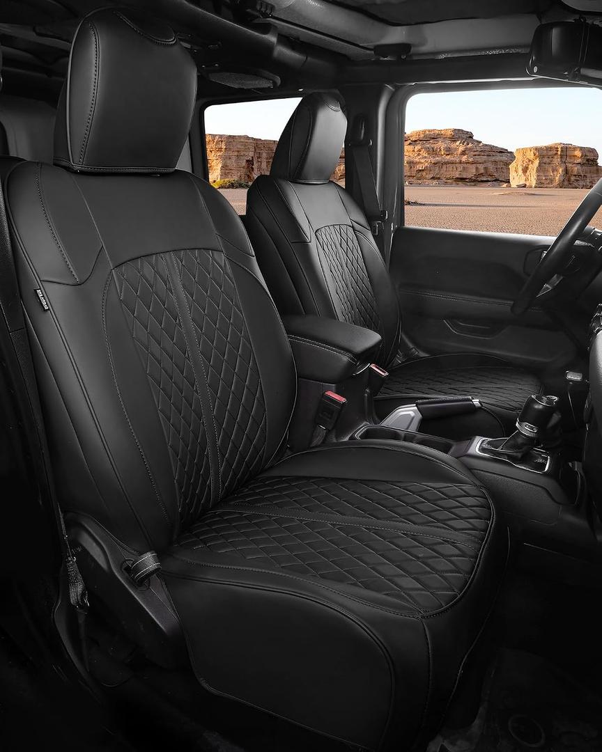 for Jeep Wrangler Seat Covers 4Door JL 2018 2019 2020 2021 2022 2023 2024 2025 2026, Custom Fit Car Seat Cover Full Set, Luxury Waterproof Leather Seat Protectors, Black, W/O Rear Cup Holder