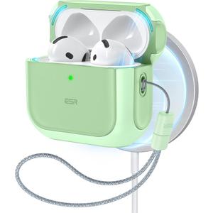 ESR for AirPods 4 Case, Compatible with AirPods 4th Generation Case (2024) (USB-C), Compatible with MagSafe, Drop Protection Cover with Lanyard, Magnetic Lid Lock, Orbit Hybrid Series, Light Green