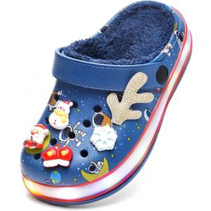 XPKWS Fur Lined Toddler Clogs Kids Slippers Fuzzy Light up Sandals Boys Girls Garden Shoes Winter Warm Cartoon Slides Slip on Lightweight,M Cute Navy,28