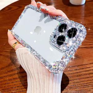 Cavdycidy Designer Compatible with iPhone 15 Pro Bling Clear Case for Women, Cute Glitter Phone Case with Sparkle Rhinestone Diamond Camera Protection Airbag Anti-Fall Crystal Hard Back Cover for Girl
