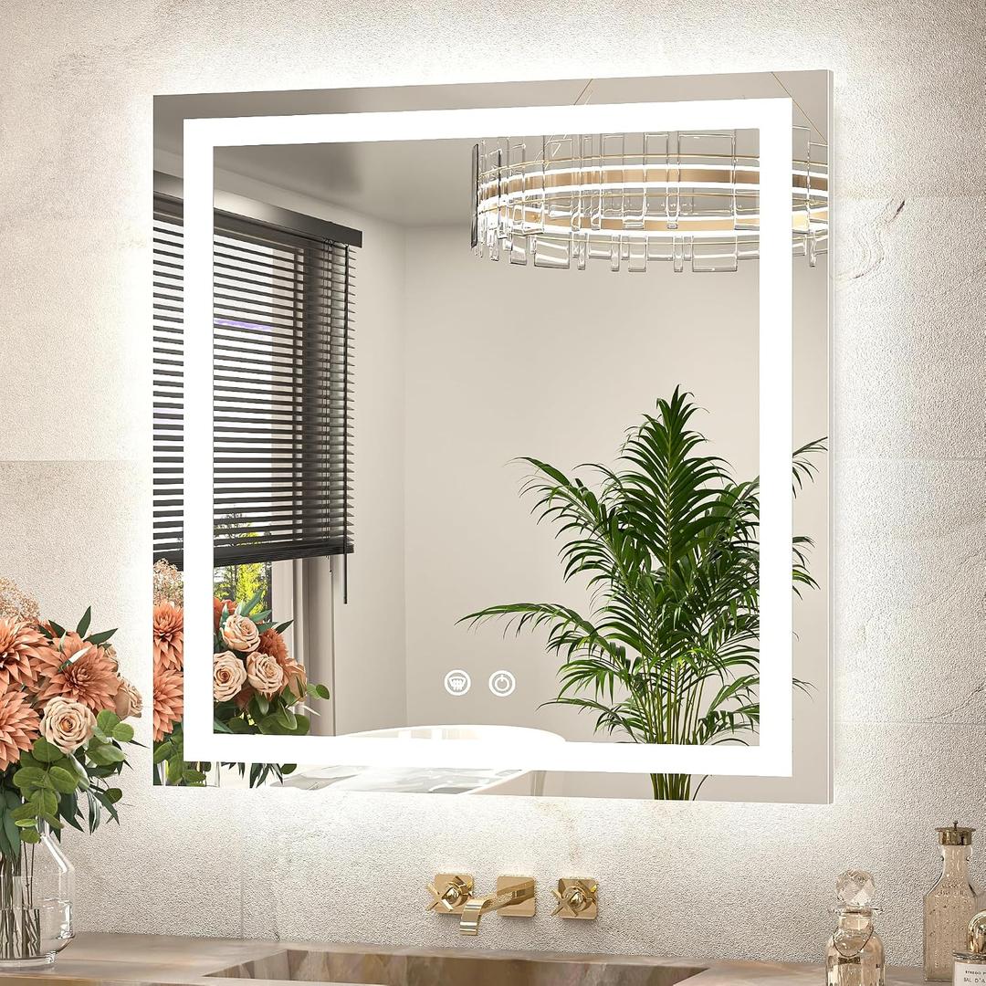 TETOTE 30 x 30 Inch LED Bathroom Mirror with Frontlit and Backlit, Brighter Light up Bathroom Vanity Mirror with Lights, 3-Color Dimmable Illuminated Anti Fog Mirror Wall Mounted, Waterproof
