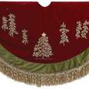Kurt Adler 50-Inch Burgundy Ribbon Trees Tree Skirt with Green Tassel Border