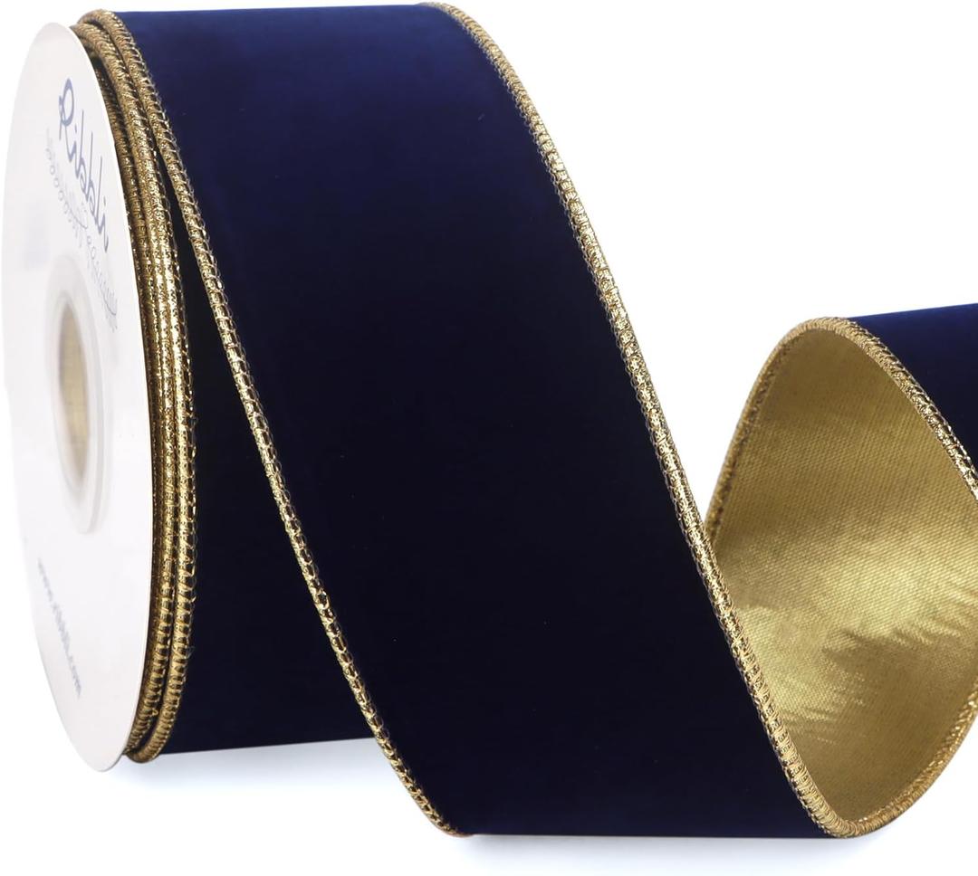 Ribbli Navy Velvet Wired Ribbon 2.5 Inch Luxury Matte Velvet Christmas Ribbon for Gift Wrapping Christmas Tree Decoration Crafts Wreaths Supplies - 10 Yards