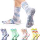 Jspupifip 4 Pairs Women Tie Dye Yoga Socks with Grips Non Slip Grip Crew Socks Colorful Grippy Socks for Pilates Barre Home (One Size, Blue, Green, Yellow, Gray)