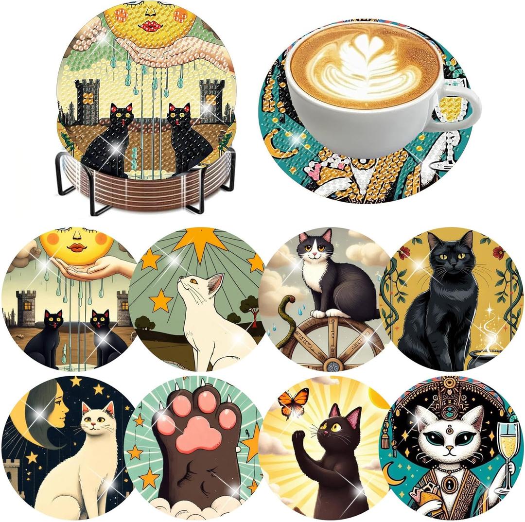 Zythron 8 PCS Diamond Art Coasters,Cat Diamond Painting Coasters Kits Funny Cat DIY with Holder DIY for Beginners, Adults, Diamond Art Kits for Adults Diamonds Art Crafts Supplies 4x4 in