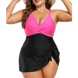 Women Plus Size Swim Dress Tummy Control One Piece Swimsuit V Neck Wrap Full Coverage Bathing Suit Cute Tie Knot, Size: 4XL