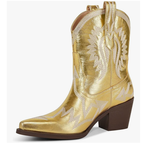 Western Boots for Women Metallic Embroidered Pointed Toe Cowgirl Boots Chunky Heel Pull-On Short Cowboy Boots Wide Calf Country Ankle Boots 8,5