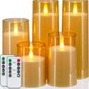 Homemory Realistic Flickering Flameless Candles, Battery Operated Candles with Remote Control and Timer, LED Fake Electric Candle for Home, Christmas Decoration, Gold, Set of 5 (D3"xH4"5"6"8"8")
