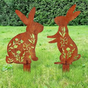 2 Pcs Easter Metal Rabbit Garden Stake Rusty Bunny Garden Decor Rustic Iron Rabbit Silhouette Decoration Art Flower Metal Cutout Sign Floor Standing Sculpture for Yard Decor Holiday Outdoor