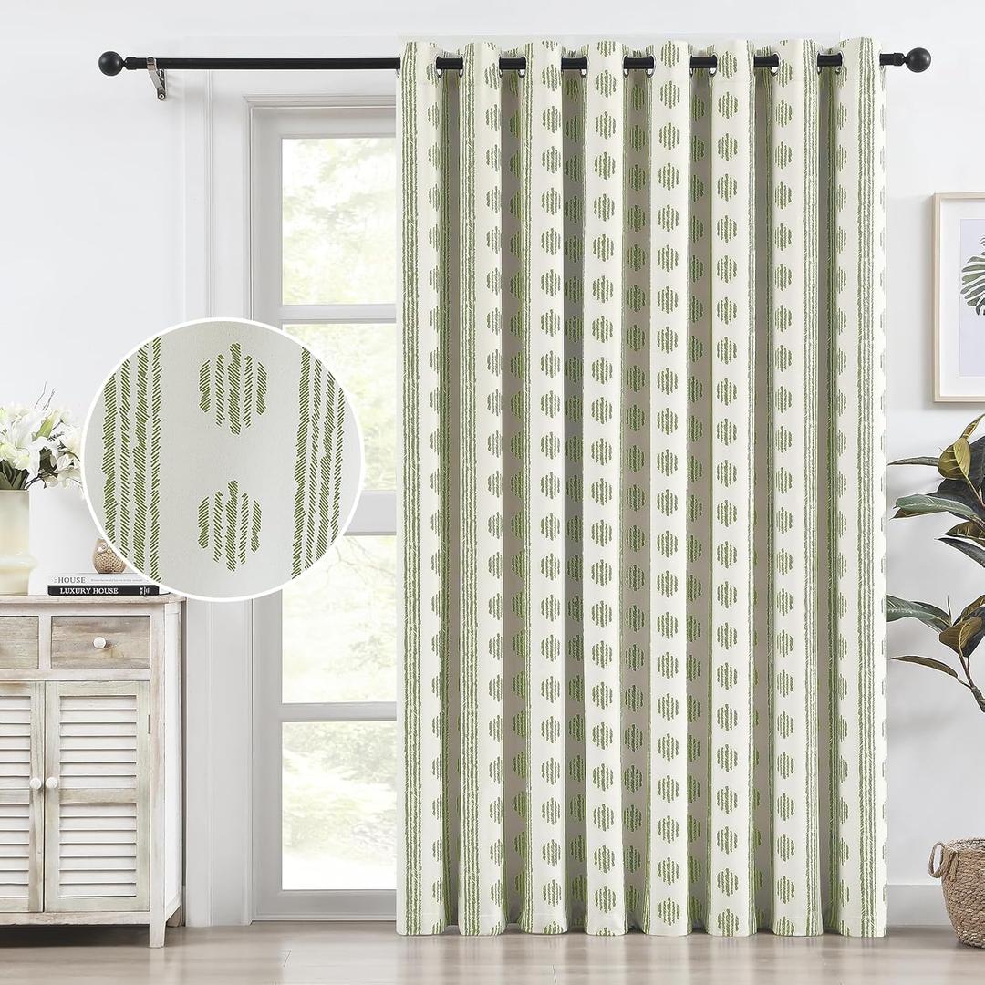 Melodieux Blackout Boho Curtain 84 Inch Long for Bedroom 1 Panel Extra Wide Cotton Curtains Sage Green on Beige Striped Pattern Bedroom Curtains Grommet Room Darkening Curtains Thermal Insulated