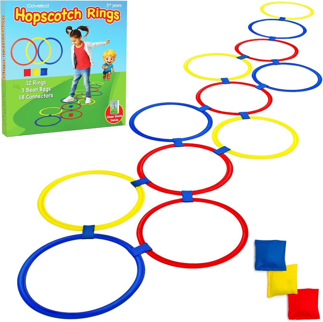 Hopscotch Rings, 12 x 11 Inch Rings & 3 Bean Bags, Play Hopscotch Outdoor & Indoor Obstacle Course for Kids 3-5, Recess Toys & Physical Education Equipment, Gross Motor Games PE Equipment