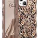 GVIEWIN Cute for iPhone 14 Case & iPhone 13 Case [Compatible with MagSafe] [Curly Wave Edge] Floral Translucent Magnetic Shockproof Protective Phone Cover for iPhone 14/13 6.1'', Bunchflower/Brown