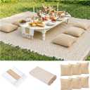 Extra Large Outdoor Boho Picnic Blanket with Table Runner and 6 Throw Pillows Covers for Outdoor Essentials Beach Accessories Garden Party Decoration Patio Park Lawn Grass Ground Festival Mat Beige XL