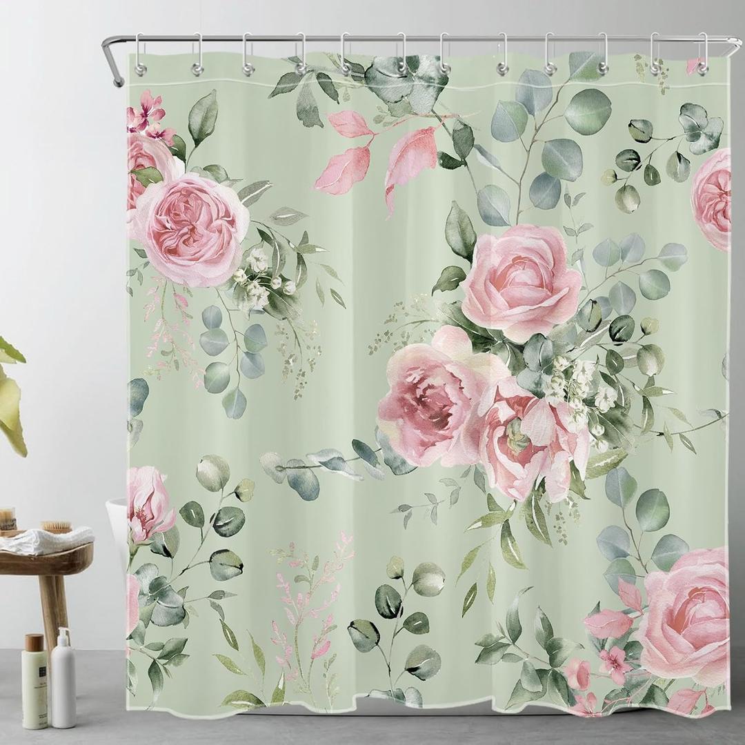 ECOTOB Pink and Green Floral Shower Curtain, Aesthetic Flower Eucalyptus Leaf Rustic Shower Curtains for Bathroom, Spring Wildflower Botanical Bath Curtain Washable Fabric with Hooks, 72Lx72W Inches