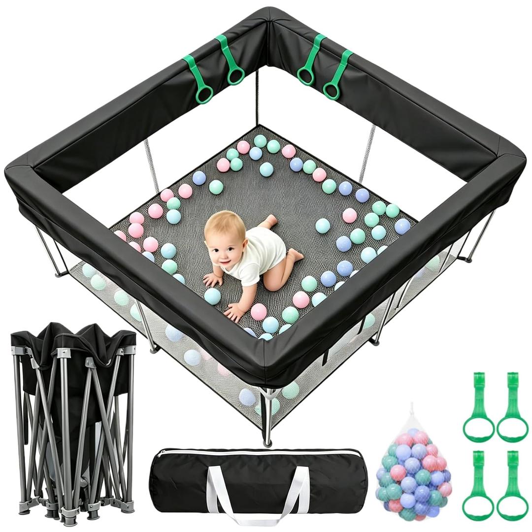 Foldable Baby Playpen, 50"50" Collapsible Play Yard for Babies and Toddlers, No Assembly Required, Kids Safety Play Area with 4 Handles, 50 Balls and Visible Mesh, Black