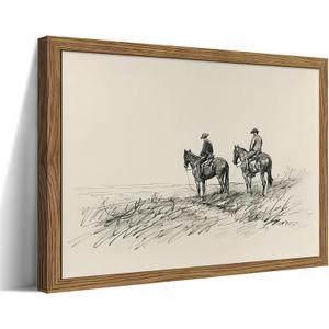 Framed Western Wall Art, Cowboys on Horses Sketch Picture Print, Western Wall Decor, Vintage Country Farmhouse Western Cowboys Canvas for Living Room Bedroom Home 8x10 inch