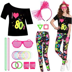 80s Costume Set for Women, 80s Fancy Dress Set for Retro Party (Medium, Green)